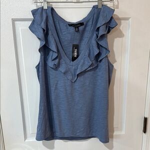 White House Black Market Blue Ruffled Sleeveless Blouse